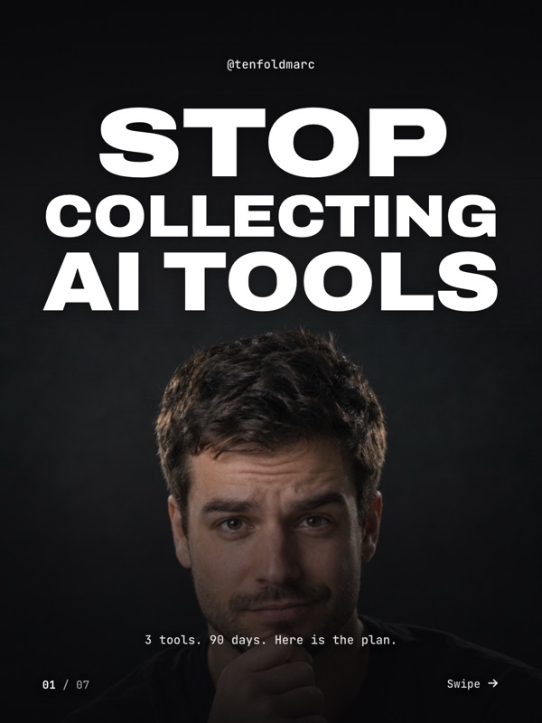 Bold Creator look: big white caps over a man's face on a dark background. Stop collecting AI tools.