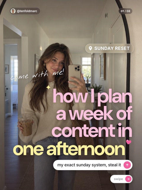 Girly Pop look: a mirror selfie with big pink and yellow type. How I plan a week of content in one afternoon.