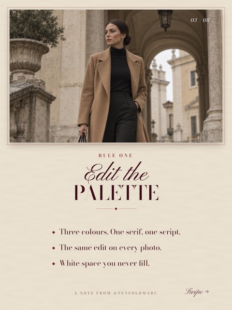 Old Money look: a woman in a camel coat under stone arches, over a cream page with a script and serif title. Edit the palette.