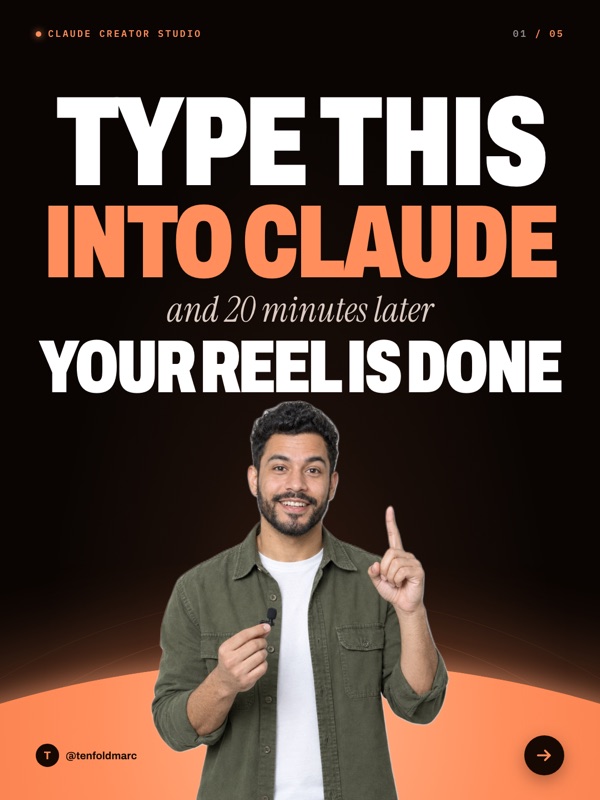 Horizon look: a smiling creator pointing up, cut out over a glowing orange horizon. Type this into Claude and 20 minutes later your reel is done.