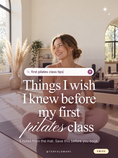 Soft Studio look: a smiling woman in a sunlit pilates studio with a soft serif title. Things I wish I knew before my first pilates class.
